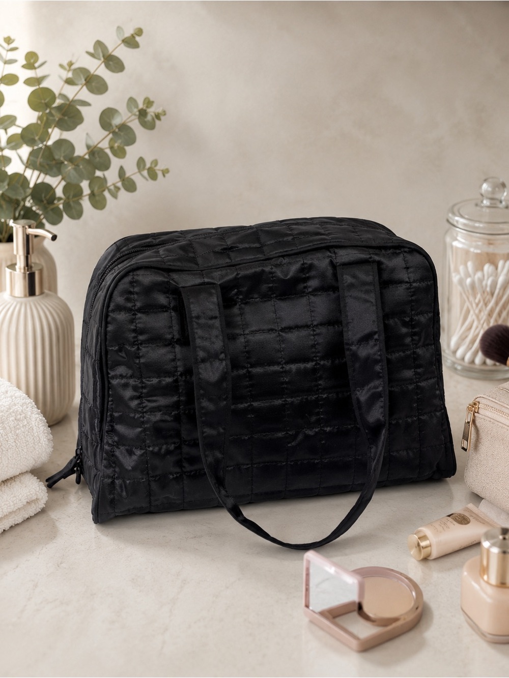 Privé Black Quilted Travel Toiletry Bag w/ Attached Zip Pouch Cosmetic Case